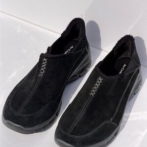 Skechers Black Faux Suede Slip-On Moccasins with Faux Fur Collar
